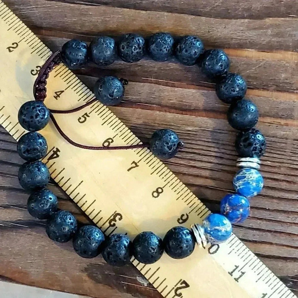 Hand Crafted Chakra Bracelet Blue Aqua Terra Jasper Black Lava - Picture 7 of 7